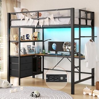 LED Twin Metal Loft Bed with L-Shaped Desk 3 Storage Shelves - Bed Bath ...