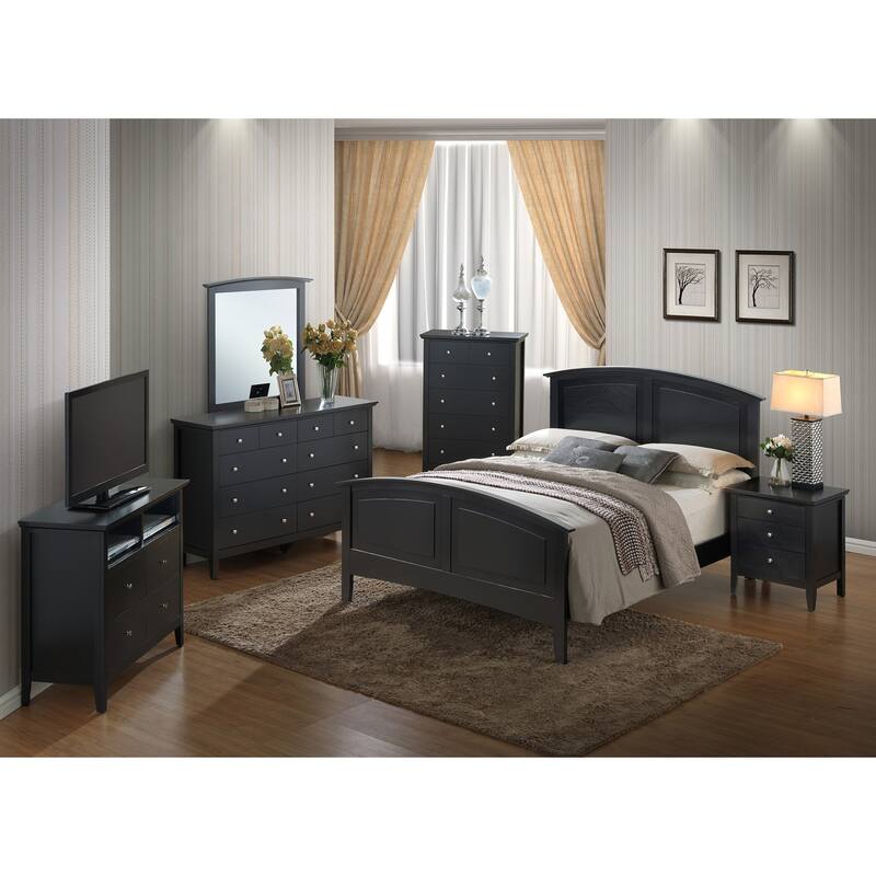 Luxury King Panel Bed - Black Wood Frame, Curved Headboard, Modern Bedroom Furniture