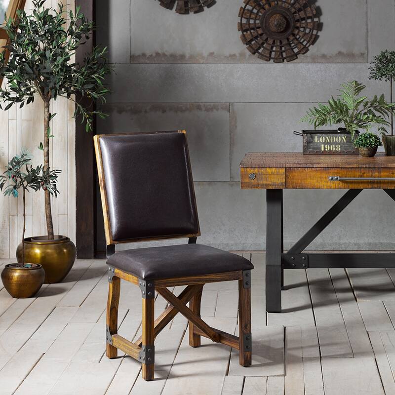Roomfitters Industrial Dining Chair, Faux Leather Upholstered High-Back with Cross-Beamed Solid Wood Frame, Chocolate