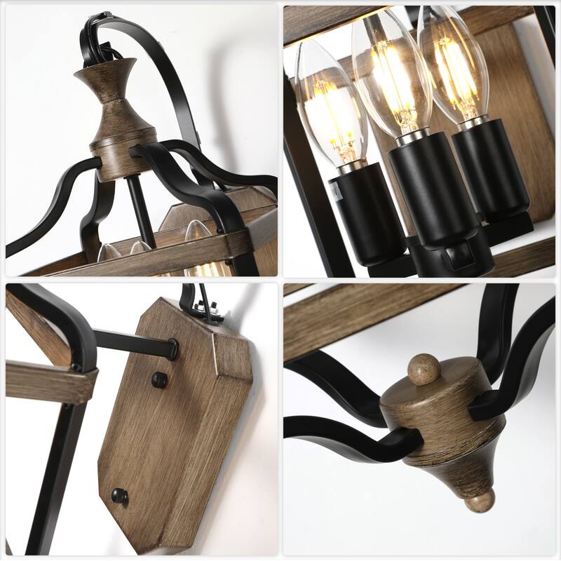 CurveCurio 17" Antique Matte Black Wall Light Metal Farme and Solid Wood Shade, 3 Light Wall Sconces - 12"*8"*17"