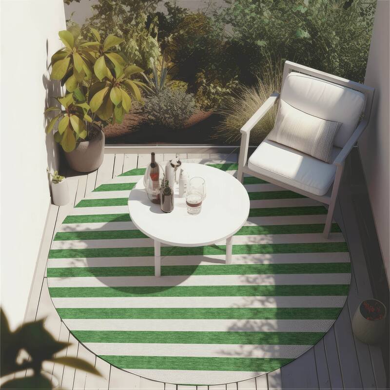 Machine Washable Indoor/ Outdoor Cabana Stripe Chantille Rug - Green - 8' x 8'