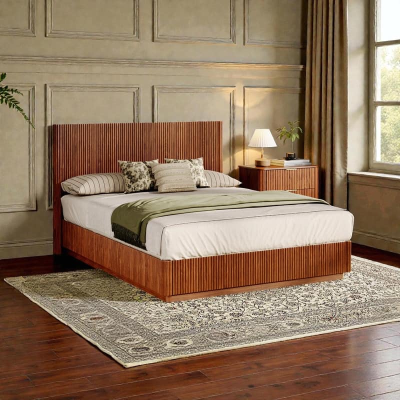 Queen Size Bed Frame with LED Lights, Modern Wooden Bed with Curved Corrugated Panels and Groove Design - Walnut