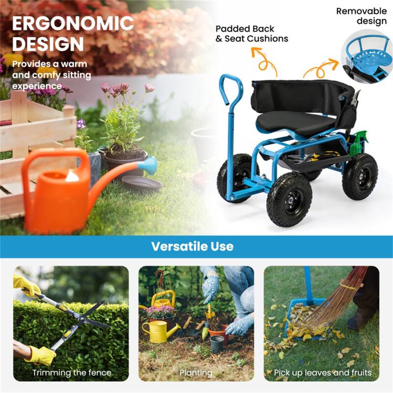 Adjustable Rolling Garden Cart with 360-Degree Swivel Seat Heavy-Duty Metal Frame Storage Basket - 35.5" x 24" x 23.5"-27"