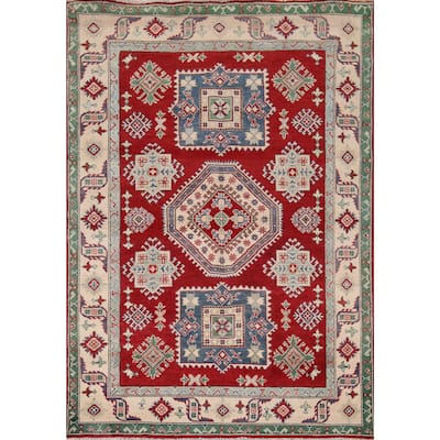 Geometric Red Kazak Oriental Area Rug Hand-Knotted Wool Carpet - 5'1" x 6'8"