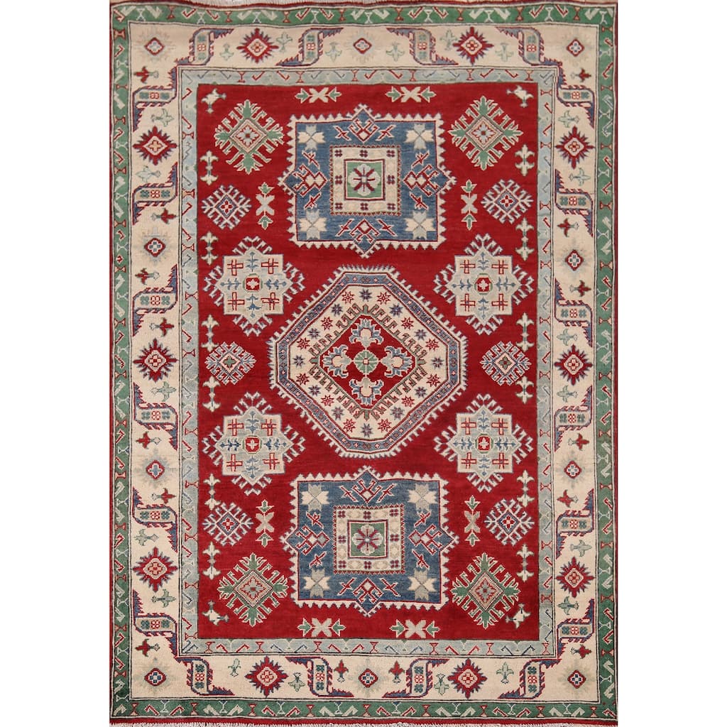 Geometric Red Kazak Oriental Area Rug Hand-Knotted Wool Carpet - 5'1" x 6'8"