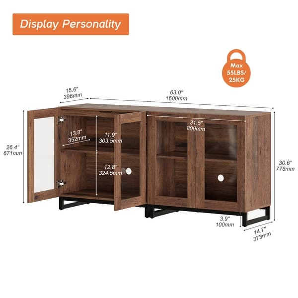 dimension image slide 0 of 10, WAMPAT Multifunctional Sideboard Buffet Cabinets with Glass Doors, Modern Sideboard with Adjustable Shelf, Coffee Bar Cabinet