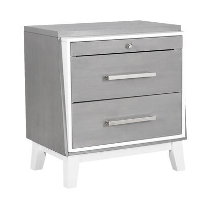 28 Inch High Profile Wood Nightstand with 2 Drawers and Pull Out Tray, Light Gray and White
