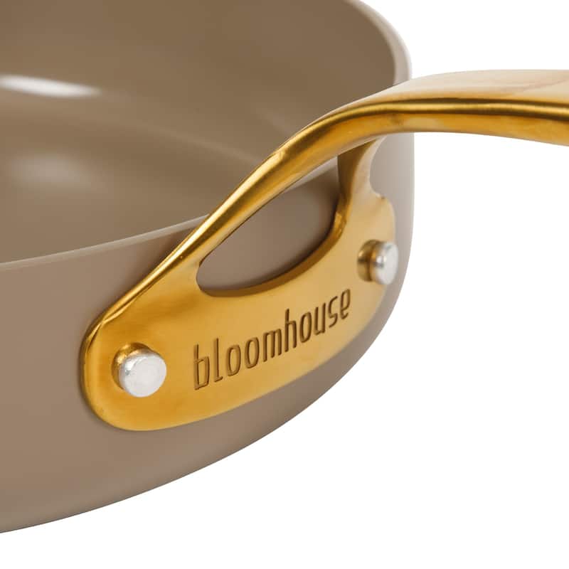 Bloomhouse Pots and Pans Heavy Duty Aluminum Premium PFA Free Ceramic Nonstick - Cappucino Cream with Gold Handle
