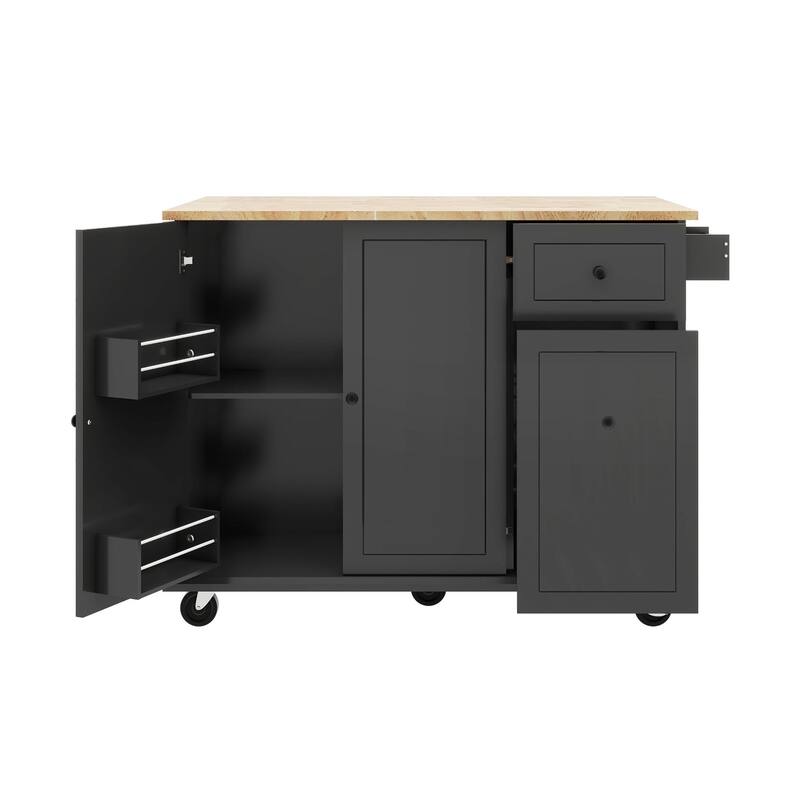 Rubberwood Kitchen Cart with Drop Leaf, Internal Storage Rack, and 2 Drawers