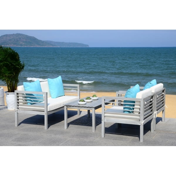SAFAVIEH Outdoor Living Alda Grey Wash/White/Light Blue 4 Pc Set With Accent Pillows