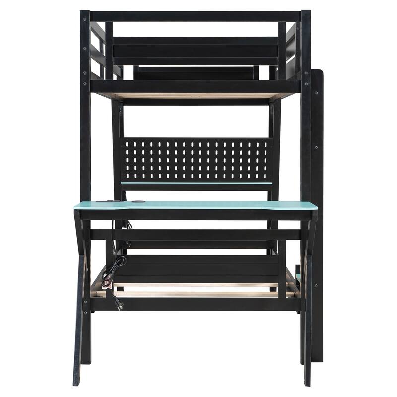 E-sports Inspired Bunk Bed with 2 Built-In Gaming Desks, USB Desktop Ports and Pegboard Organizer, Bunk Frame for Teens Gamer