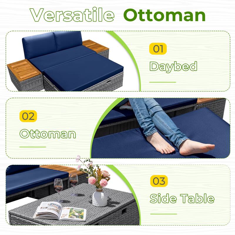 Furniwell Outdoor Daybed Patio Furniture Set Rattan Storage Conversation Set with Cushion and Side Table