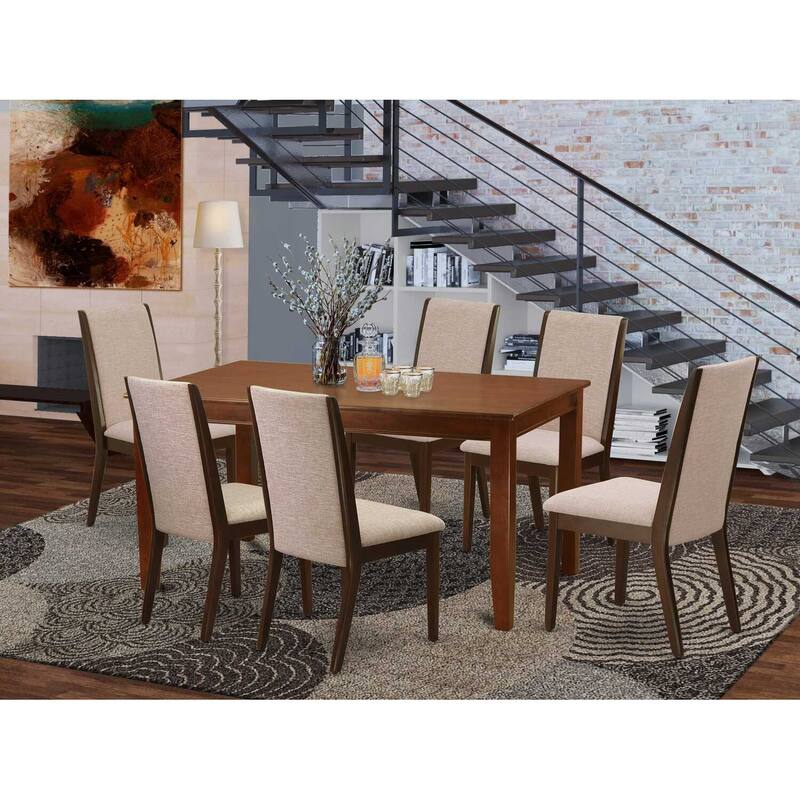 HomeStock 7-Piece Rectangle Mahogany Finish Solid Wood Top Dining Table with 6 Parson Chairs with Lattice Back