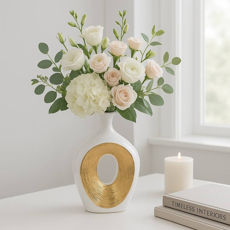 Modern Ceramic Textured Oval Cut-Out Vase - Home Decor - 13"