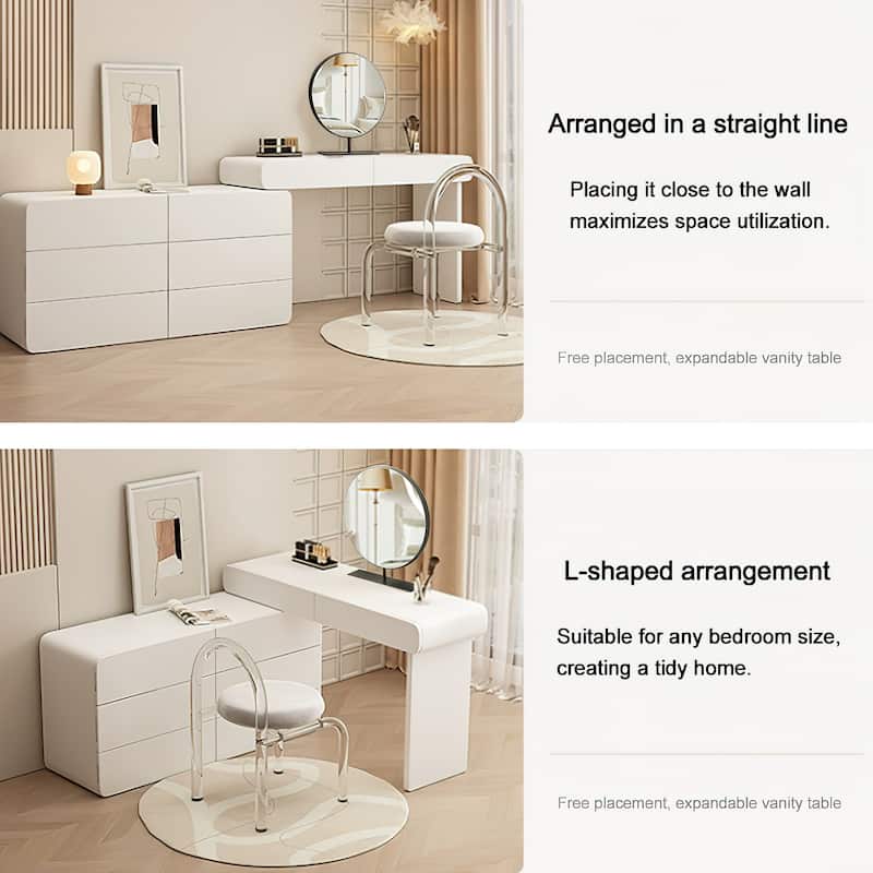 Deluxe Solid Wood White Dresser Set Expandable Sideboard Vanity and Stylish Acrylic Stool 6 Drawers