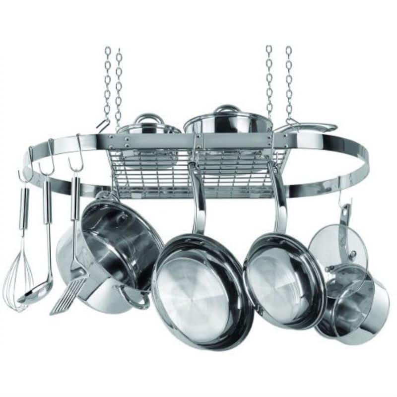 Oval Pot Rack for Kitchen Storage with Stainless Steel Hooks - 18 x 33.7 x 2 inches