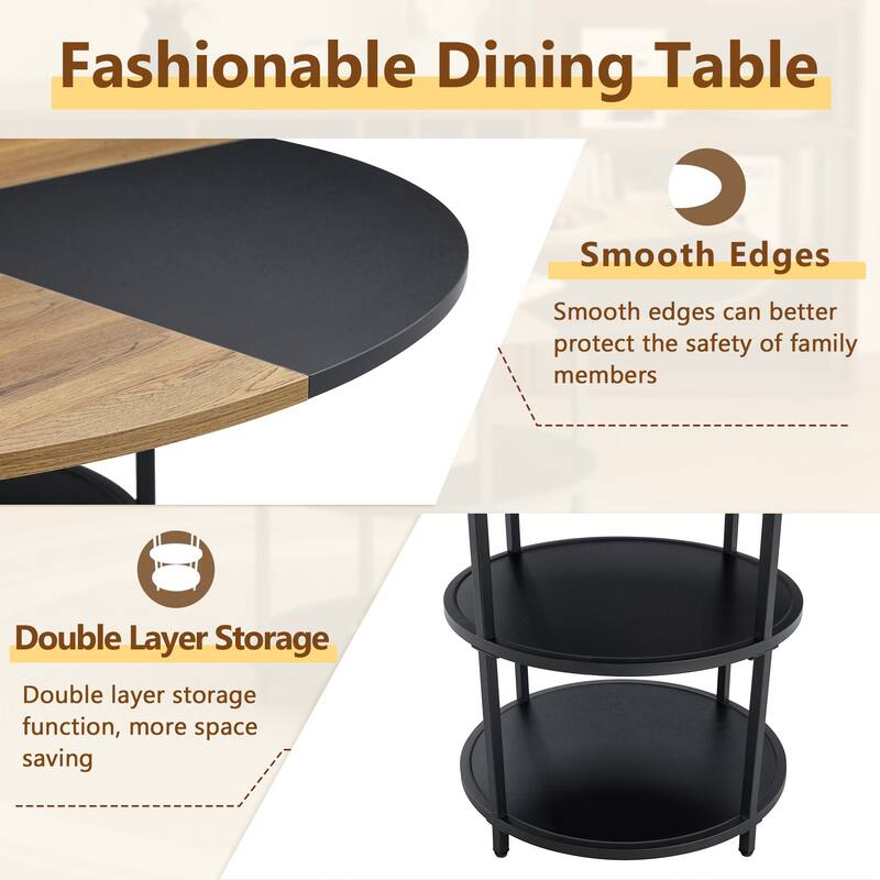 5-piece Natural and Black Spliced Round Dining Table Set with Double-Layer Storage Shelf, Anti-Slip Feet
