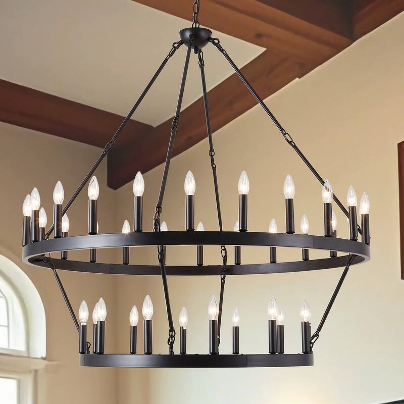 Large Black Large Wagon Wheel Chandelier Modern Farmhouse Candle Chandeliers - 36 lights metal frame