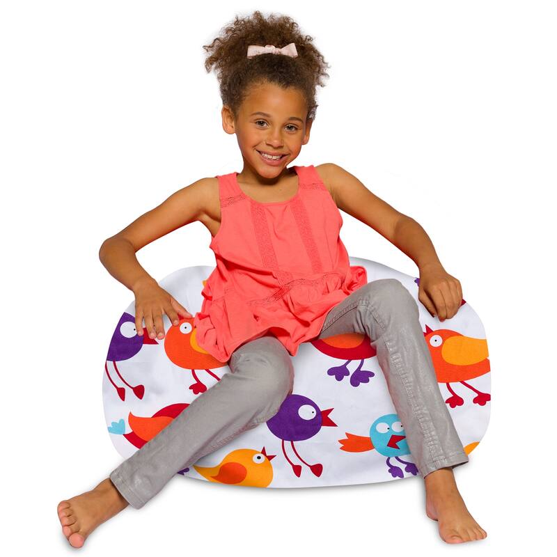 Kids Bean Bag Chair, Big Comfy Chair - Machine Washable Cover - 27 Inches Medium - Canvas Birds on White