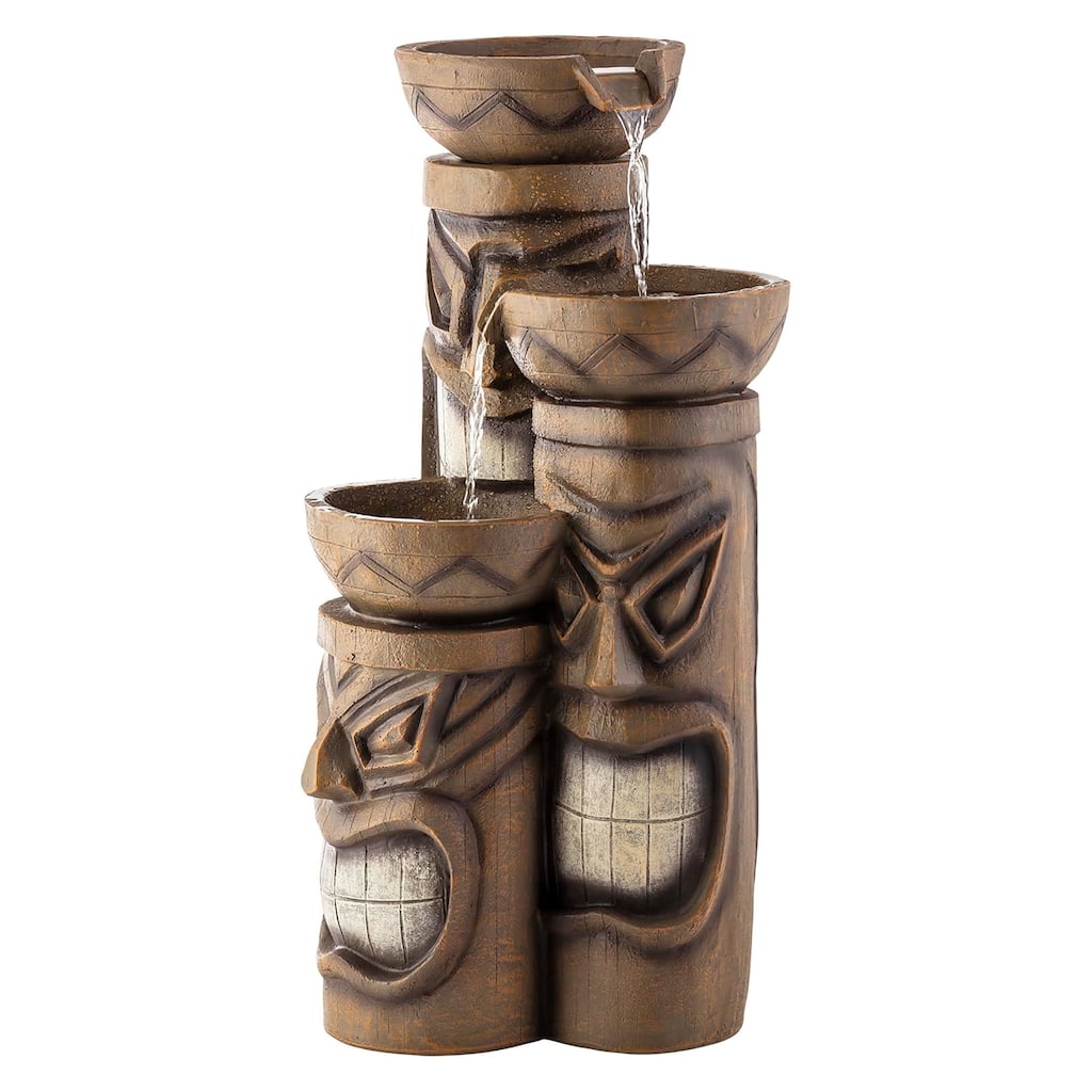 Alpine Corporation GIL838 Outdoor Floor 3-Tiered Soothing Polynesian Tiki Head Bowl Waterfall Fountain, 29", Brown