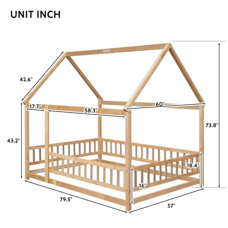 Grey Full Size House Frame Floor Bed with Safety Fence Design
