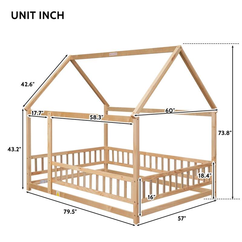Wooden Floor Bed with House Roof Frame and Guardrails