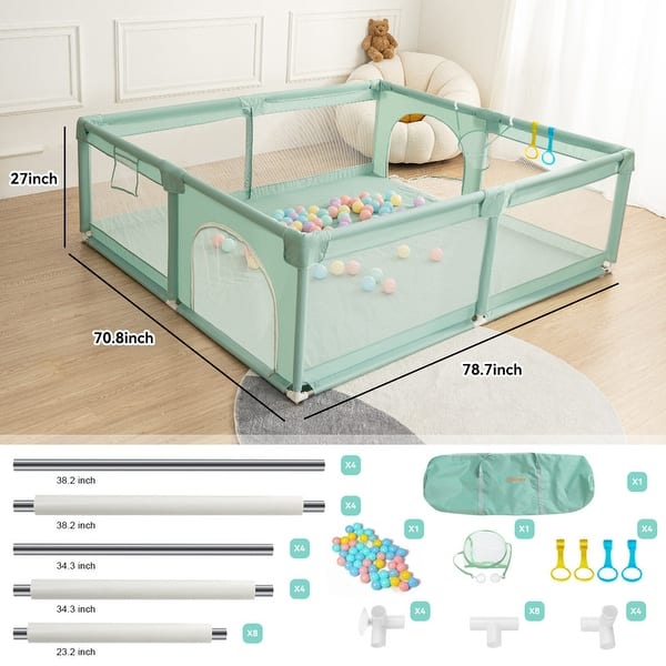 Infant 79"x71" 4-Panel Baby Playpen Spacious & Secure Foldable Playard Green