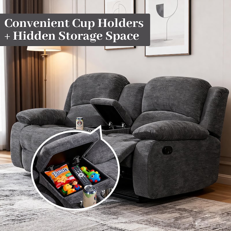 2PC Soft Microfiber Manual Reclining Sofa Set, Drop Down Table, Cupholder Console, Living Room Set