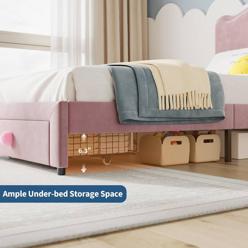 Upholstered Bed Frame for Kids with Storage Drawer and Scallop Headboard, No Box Spring Needed