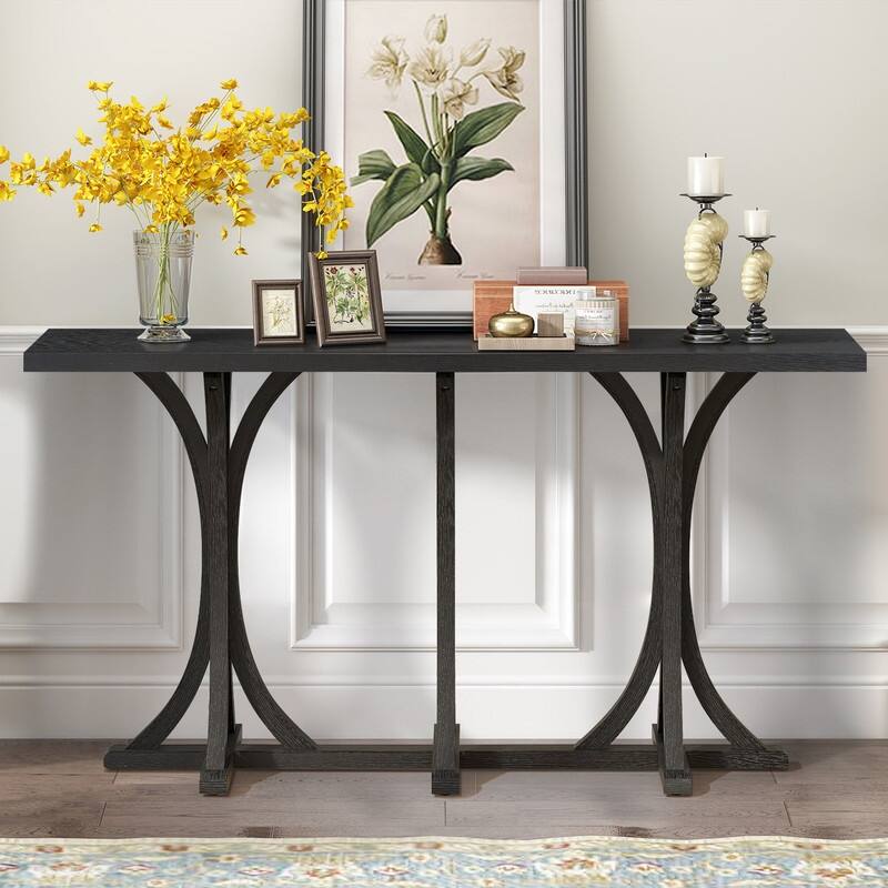 Wooden Console Table, Farmhouse Entryway Table with Oak Veneer Top and Rubberwood Curved Legs - Black
