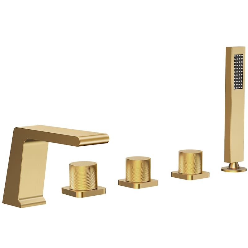 GRANDJOY Deck Mount Bathtub Spout and Handheld Shower Head Combo 5 Hole Design High Pressure - Brushed Gold