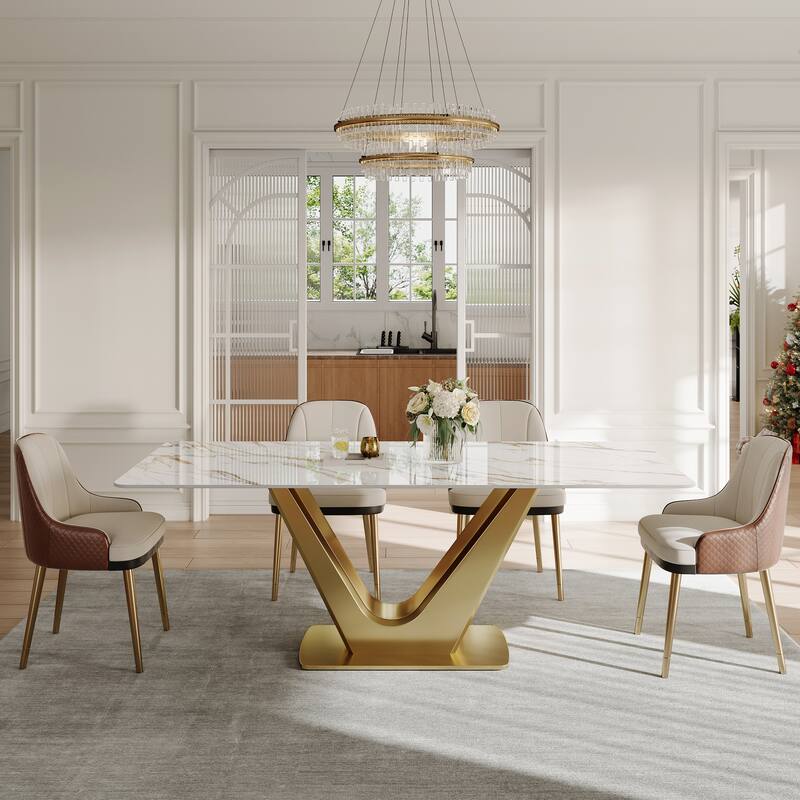 71'' Modern Rectangular Dining Table for 6, White Glossy Sintered Stone top with Gold Stainless Steel Legs