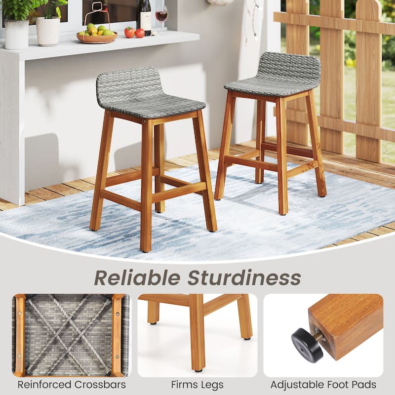 Gymax Solid Acacia Wood Bar Stools Set of 4 Rattan Bar Height Patio