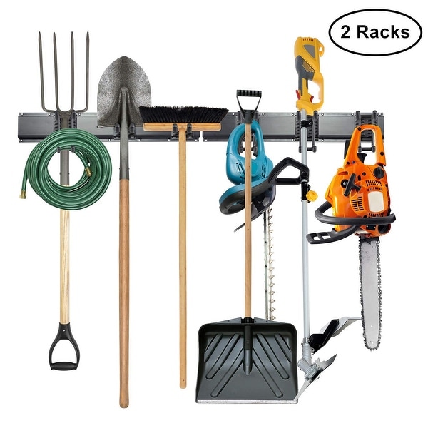Tool Storage Rack, 8 Piece Garage Organizer, Metal, Wall Mounted, Holder for Broom, Mop, Rake Shovel & Tools