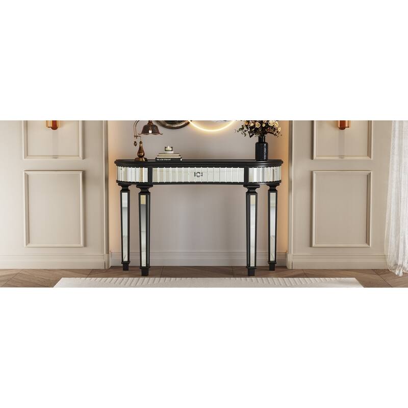 47 inch Half Moon Mirrored Console Table Fluted Glass Crystal Knob Drawer Silver Gold