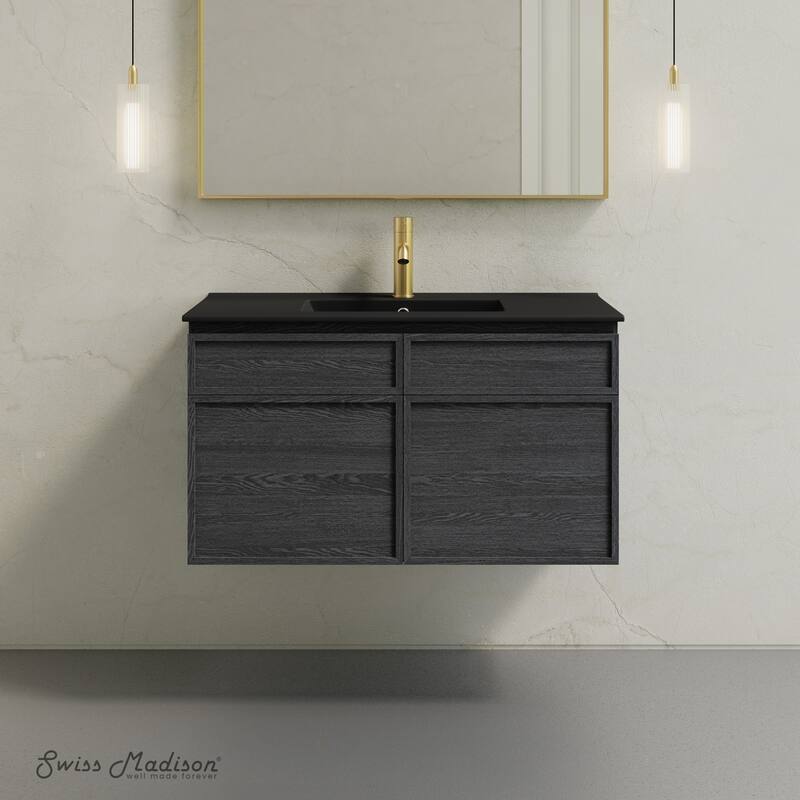 St. Tropez 36" Wall-Mounted Bathroom Vanity In Black Oak With Black Sink Top - 36