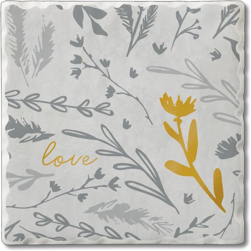 Grey Floral Sketch 4 Pack Single Absorbent Stone Coaster with Protective Cork Backing Made in The USA 4" Square, Wipes Clean - Multi