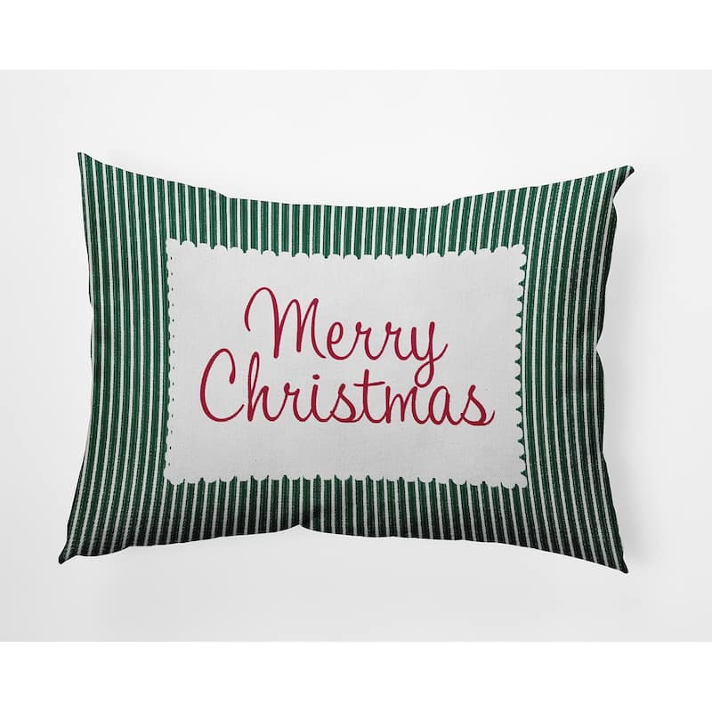 Merry Christmas Ticking Indoor/Outdoor Throw Pillow - 14" x 20" - Forest Green