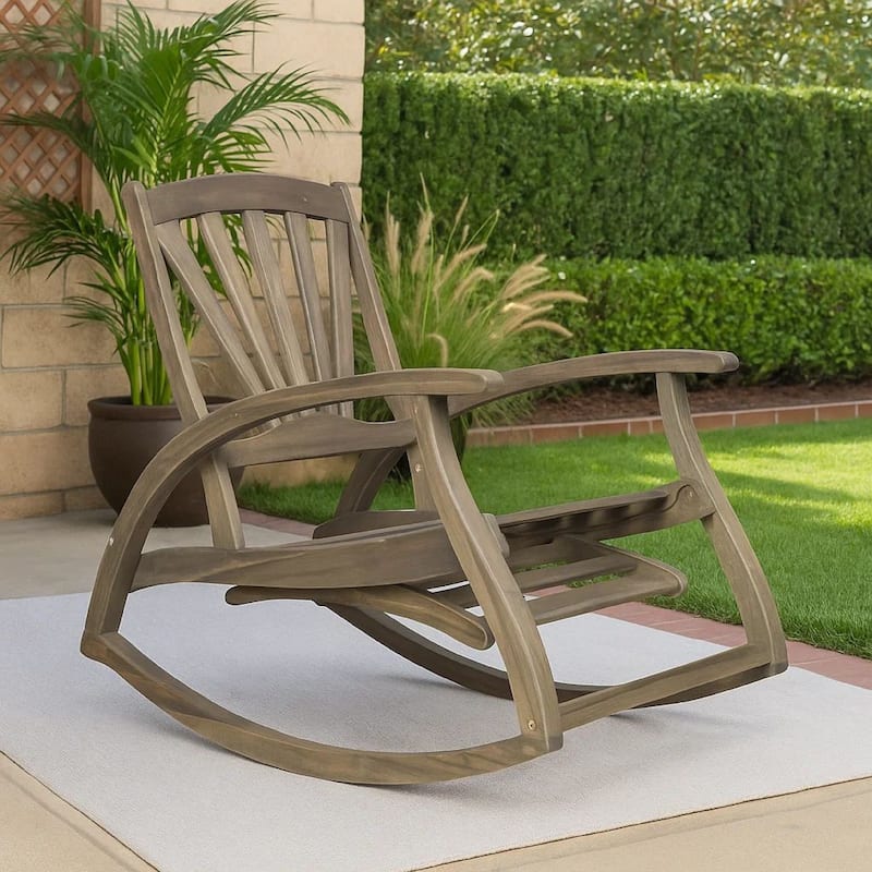 Rizz Outdoor Reclining Rocking Chair, Retractable Footrest, Brown Wood