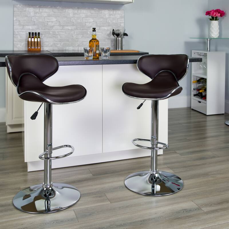 2 Pack Contemporary Mid-Back Vinyl Adjustable Height Barstool with Chrome Base - 16"W x 17.5"D x 34.5" - 43"H