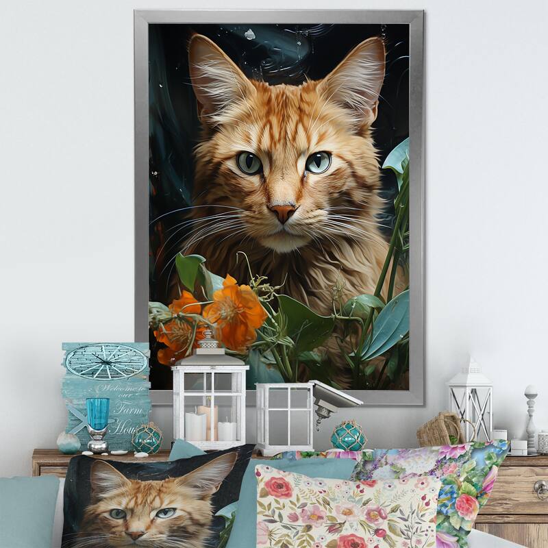 Designart "Havana Brown Mystique Cat" Animals Cat Framed Canvas Art Print - 30 in. wide x 40 in. high - Silver