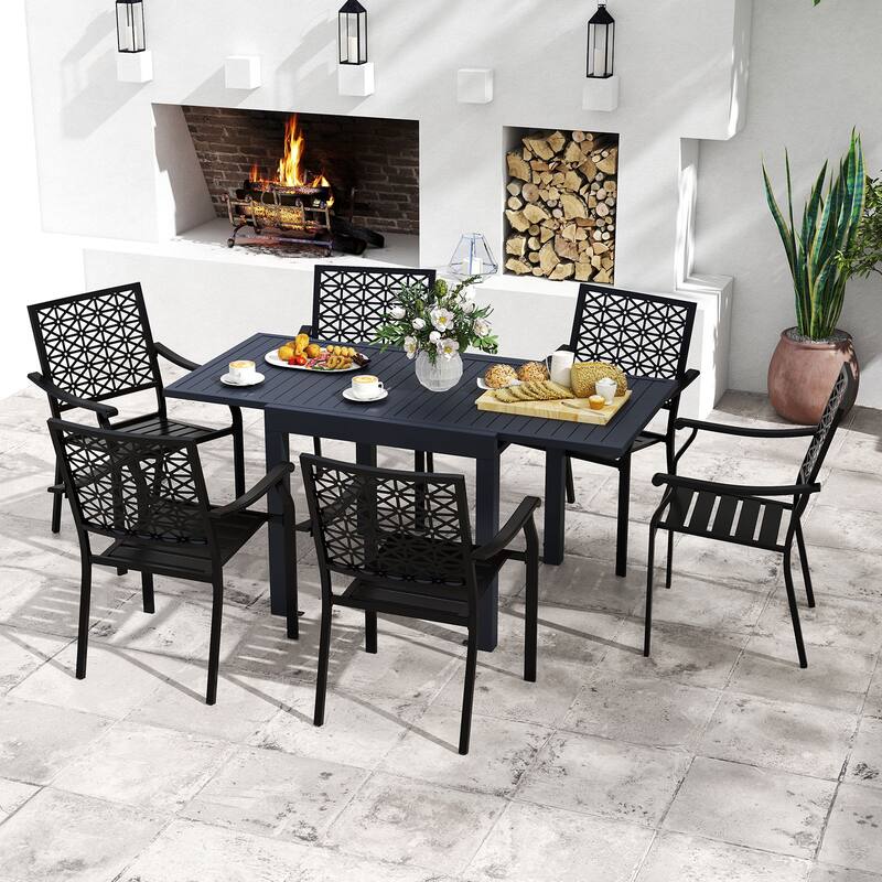 Gymax 7PCS Expandable Outdoor Dining Set w/Slatted Tabletop & Seats - Black