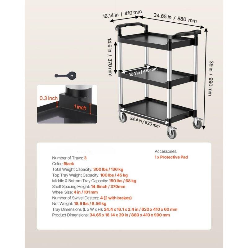 Black 3-Tier Metal Rolling Utility Cart Mobile Organizer with Locking Wheels for Garage and Home Storage - 34.65 x 16.14 x 39 in