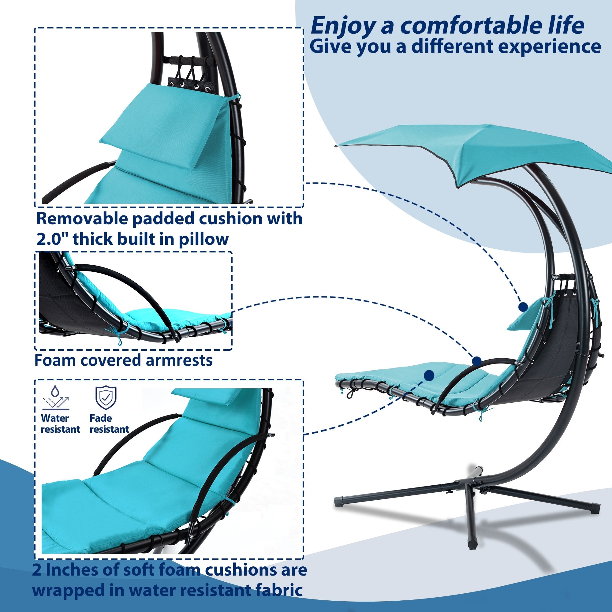 Zero Gravity Chairs Hangingg Curved Chaise Lounge Chair Hammock Chair with Stand and Removable Canopy for Poolside
