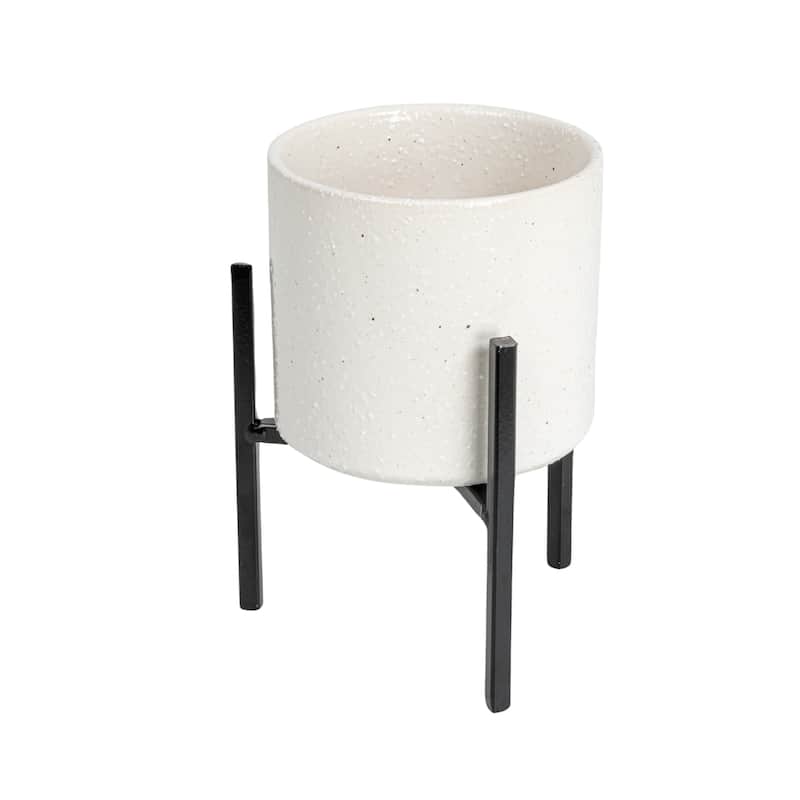 White Stoneware Flower Pot with Black Metal Stand