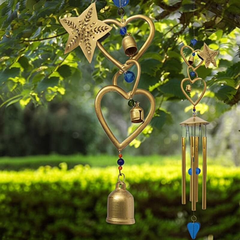 Glass Metal Bells and Windchimes Hearts Stars - 39" Gold/Blue - 7" x 2.5" x 39"