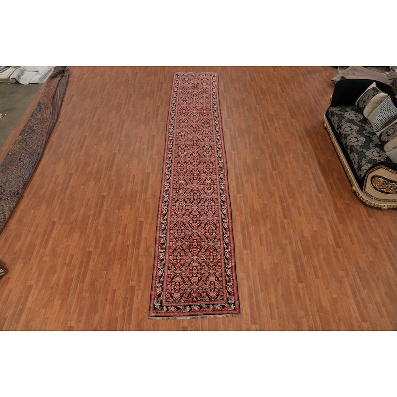 Hand Knotted Oriental 100% Wool Carpet Traditional Geometric Black Karabagh Runner Rug - 19' 1'' X 3' 7''