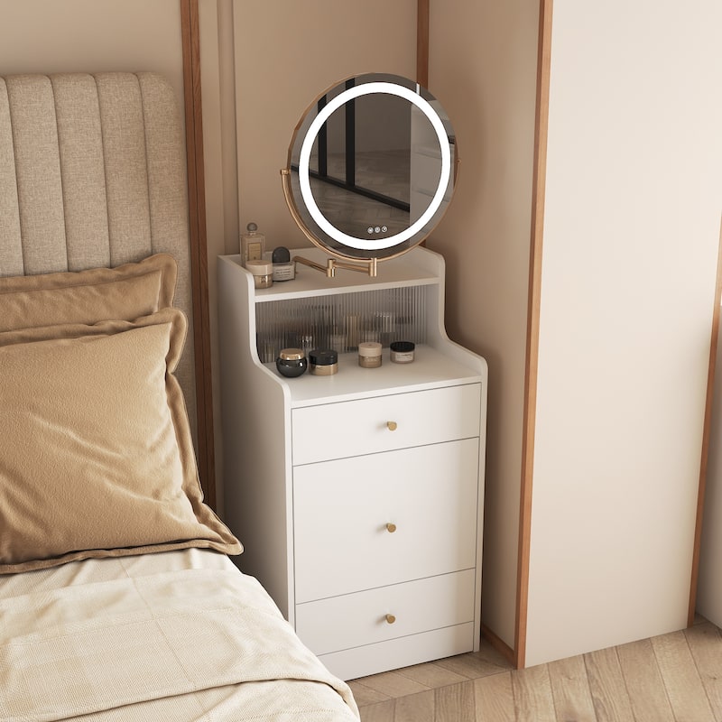 3 in 1 Small Vanity, Makeup Table with Mirror and Light, Vanity Table Set with 2 Drawers and Upholstered Stool