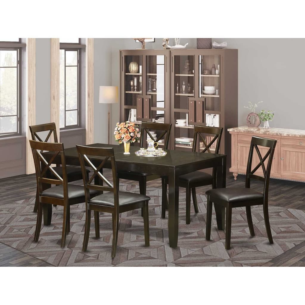 Rectangular Dining Set with Faux Leather Chairs - 6 Chairs & Bench - 54/66" Table - Cappuccino Finish