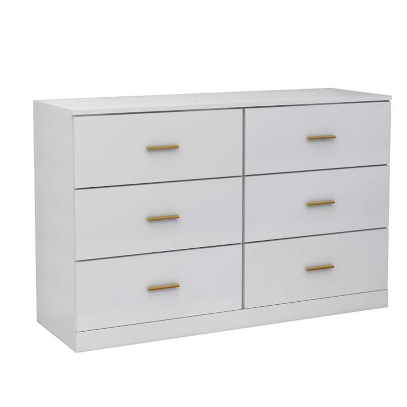 White 6-Drawer Dresser, Ample Storage Wide Chest of Drawers with Golden Handles